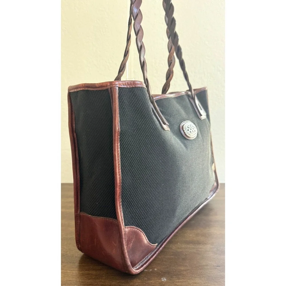 Brighton Jani‎ Tote Woven Black Fabric Brown Leather Trim Braided Handles Purse